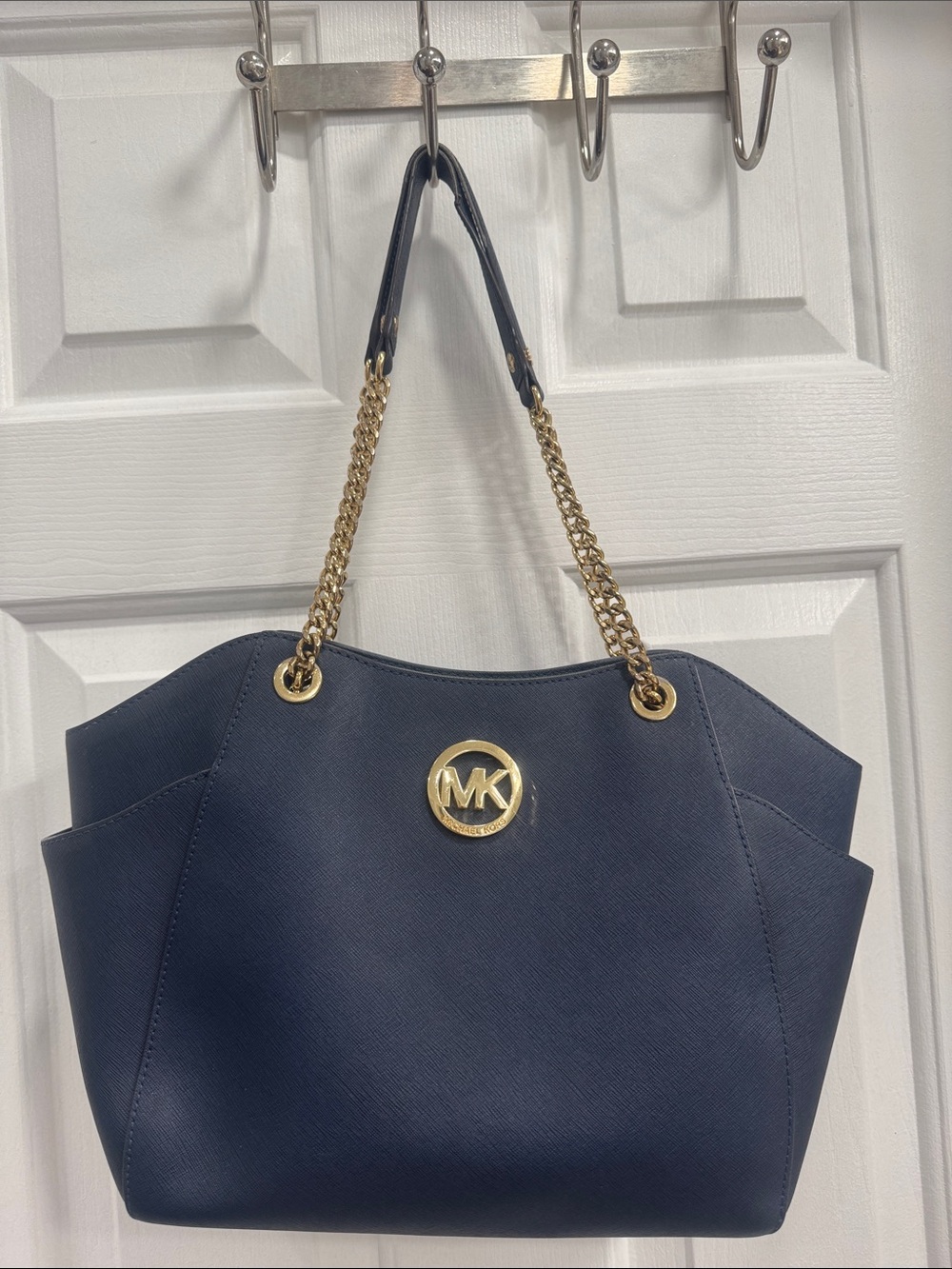 Michael Kors Navy Saffiano Tote with Gold Chain Handles
